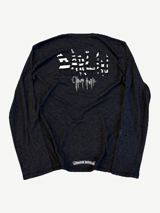 Chrome Hearts Pho Darlin longsleeve back view with Berlin Chrome Hearts graphic in white gothic script.