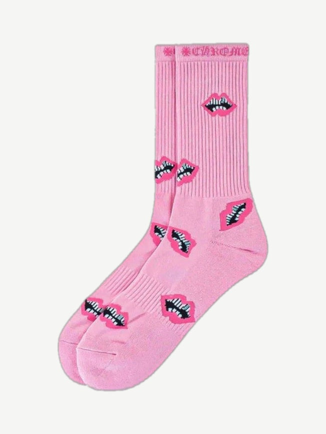 Chrome Hearts Matty Boy pink crew socks with red lip kiss print and black gothic logo cuff detail.