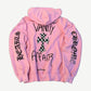 Chrome Hearts pink Vanity Affair hoodie back with checker cross graphic and gothic Chrome Hearts sleeves.