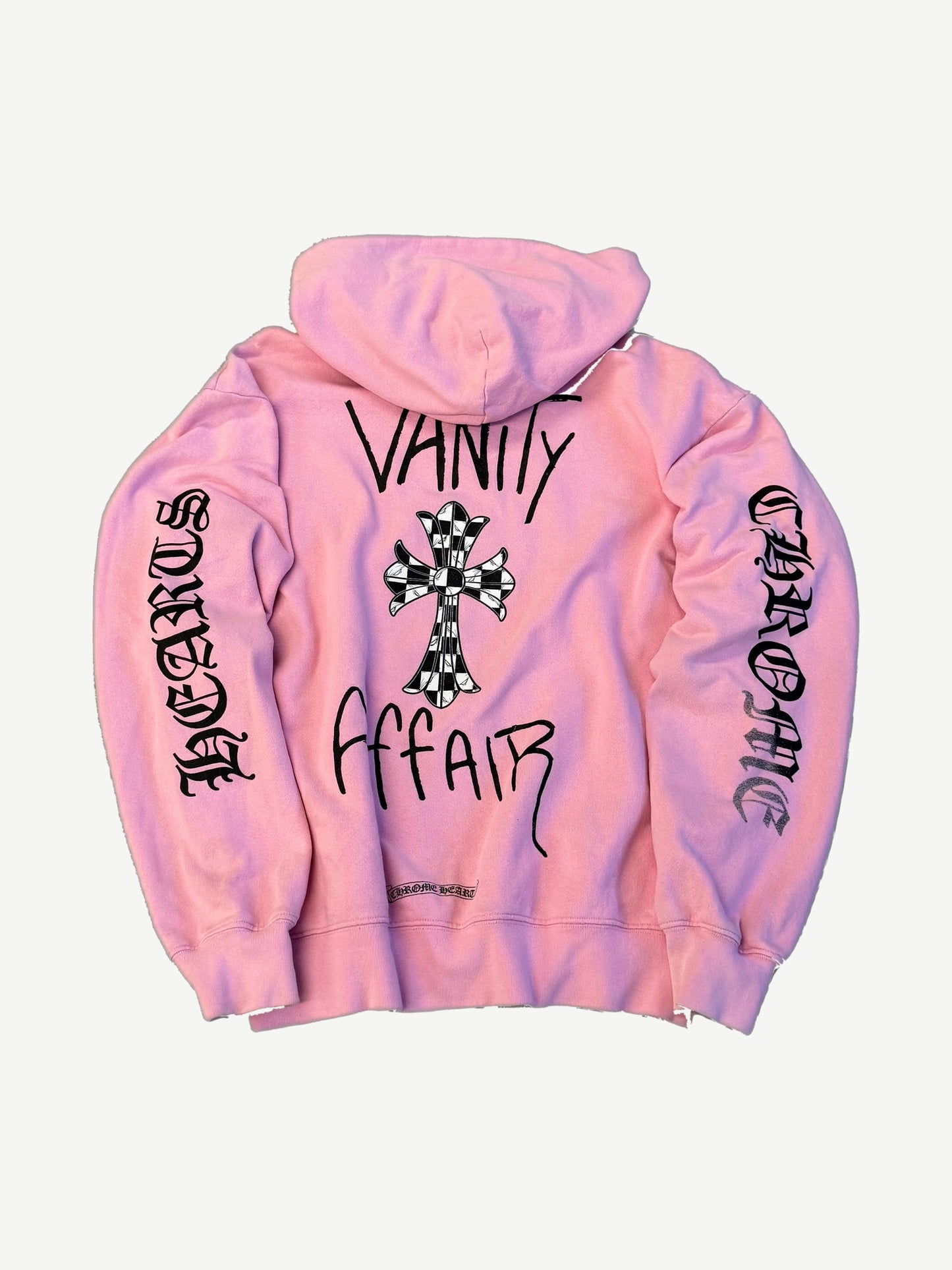 Chrome Hearts pink Vanity Affair hoodie back with checker cross graphic and gothic Chrome Hearts sleeves.
