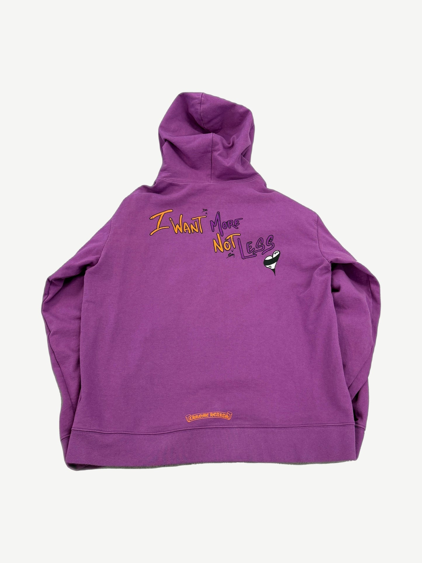 Chrome Hearts Matty Boy purple hoodie back with I Want More Not Less handwritten graphic and scroll tag