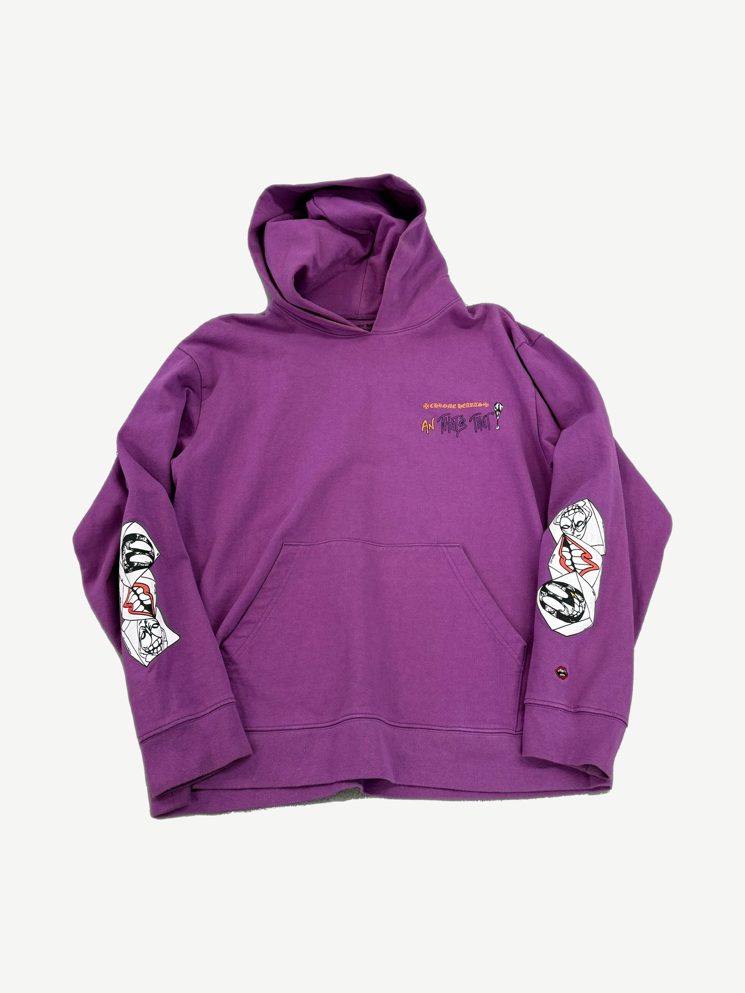 Chrome Hearts Matty Boy purple hoodie front with chest logo and graphic patches on both sleeves