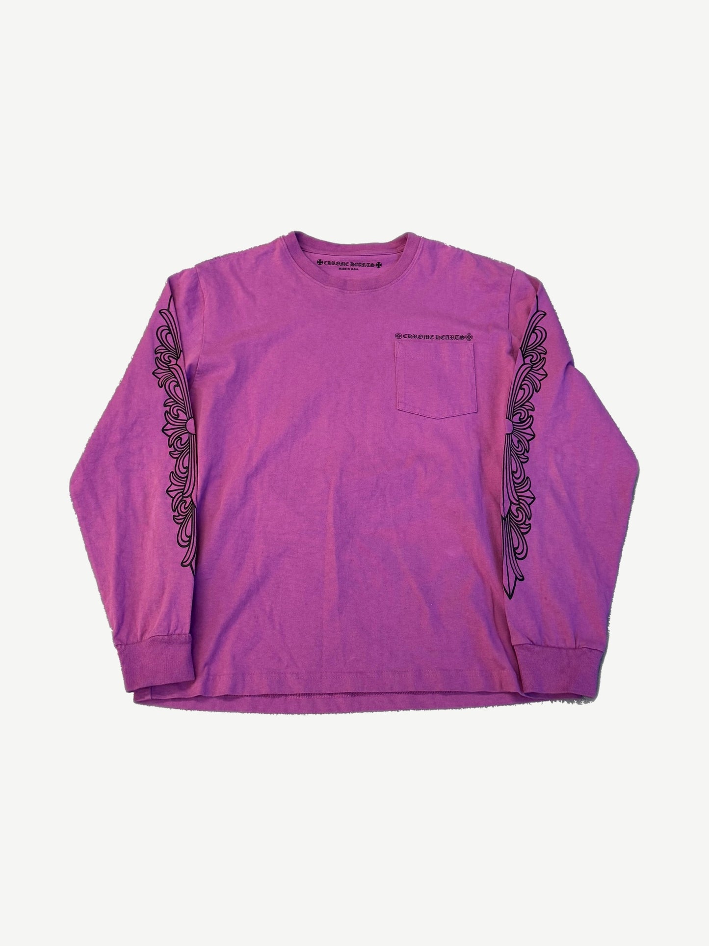 Chrome Hearts Matty Boy longsleeve front view in dark purple with floral scroll sleeve prints and CH chest logo