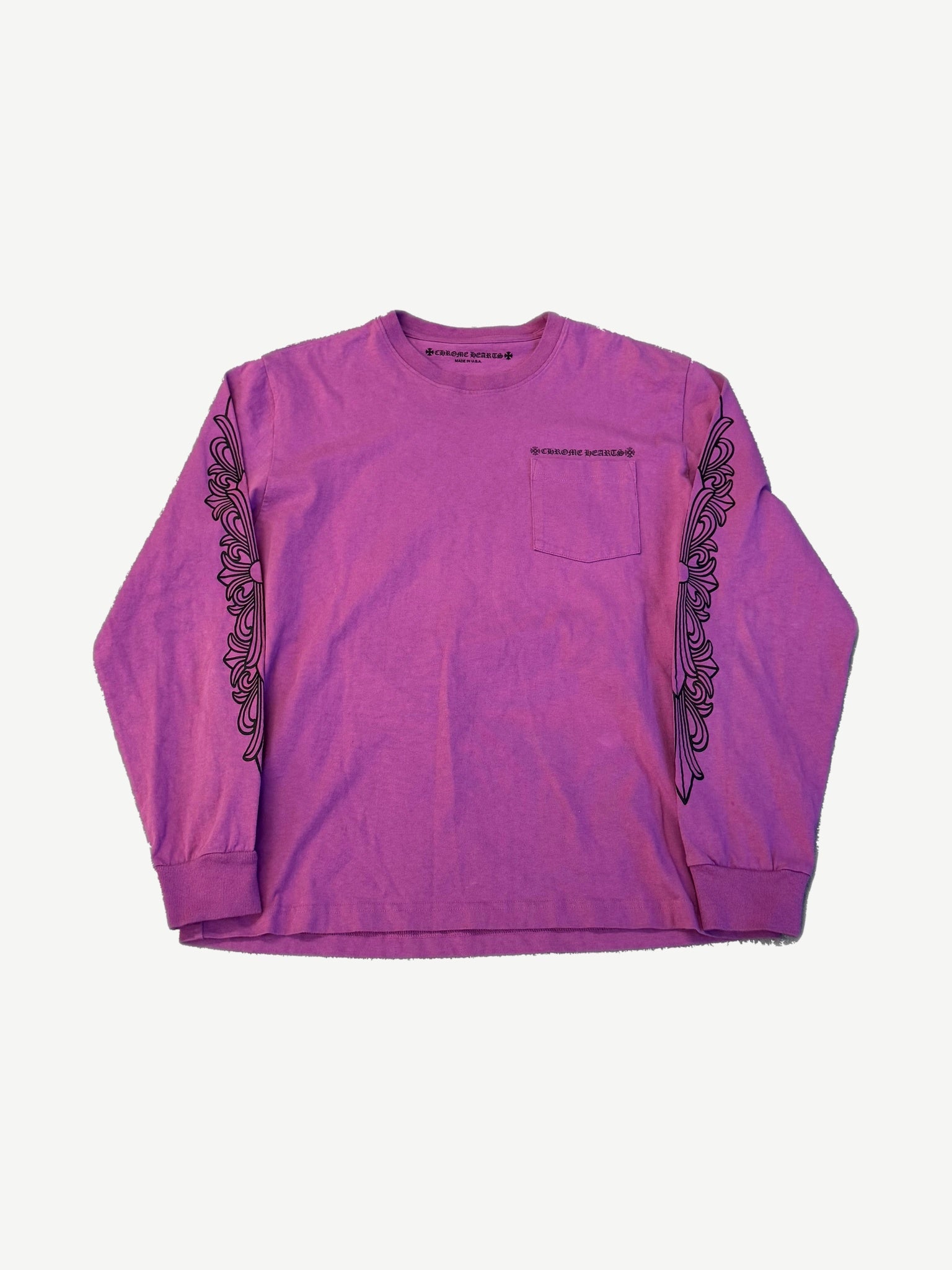 Chrome Hearts Matty Boy longsleeve front view in dark purple with floral scroll sleeve prints and CH chest logo