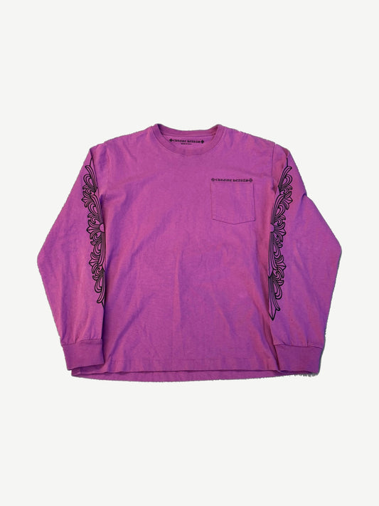 Chrome Hearts Matty Boy longsleeve front view in dark purple with floral scroll sleeve prints and CH chest logo