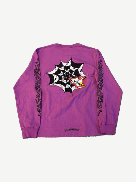 Chrome Hearts Matty Boy purple longsleeve back view with large spider web graphic and grinning mouth print