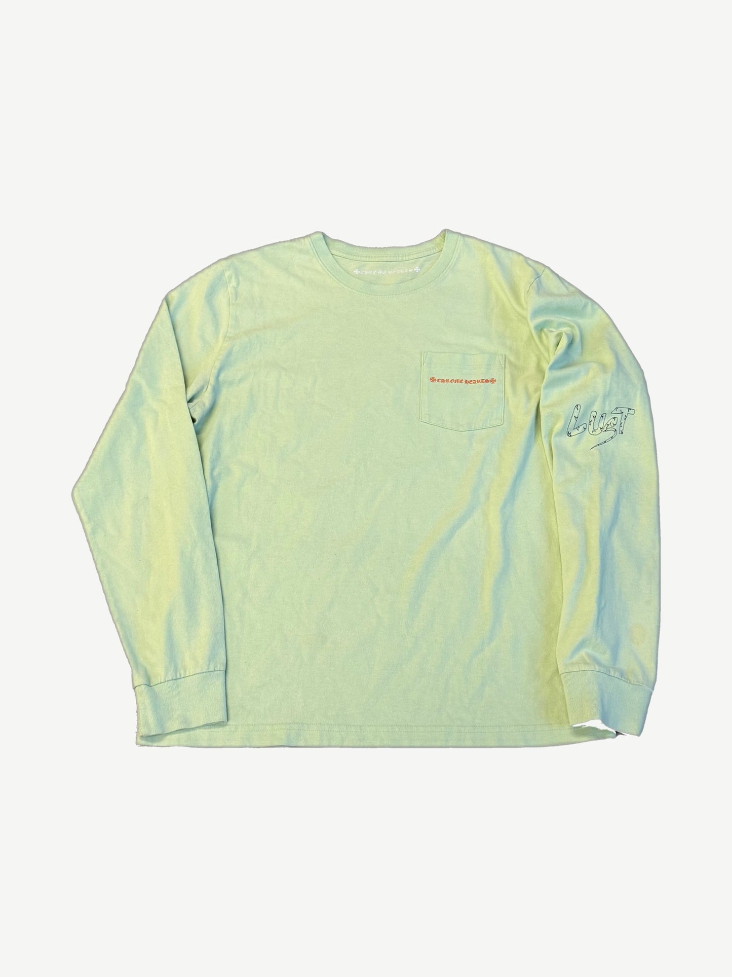 Chrome Hearts Matty Boy seafoam green pocket longsleeve front with orange CH pocket logo