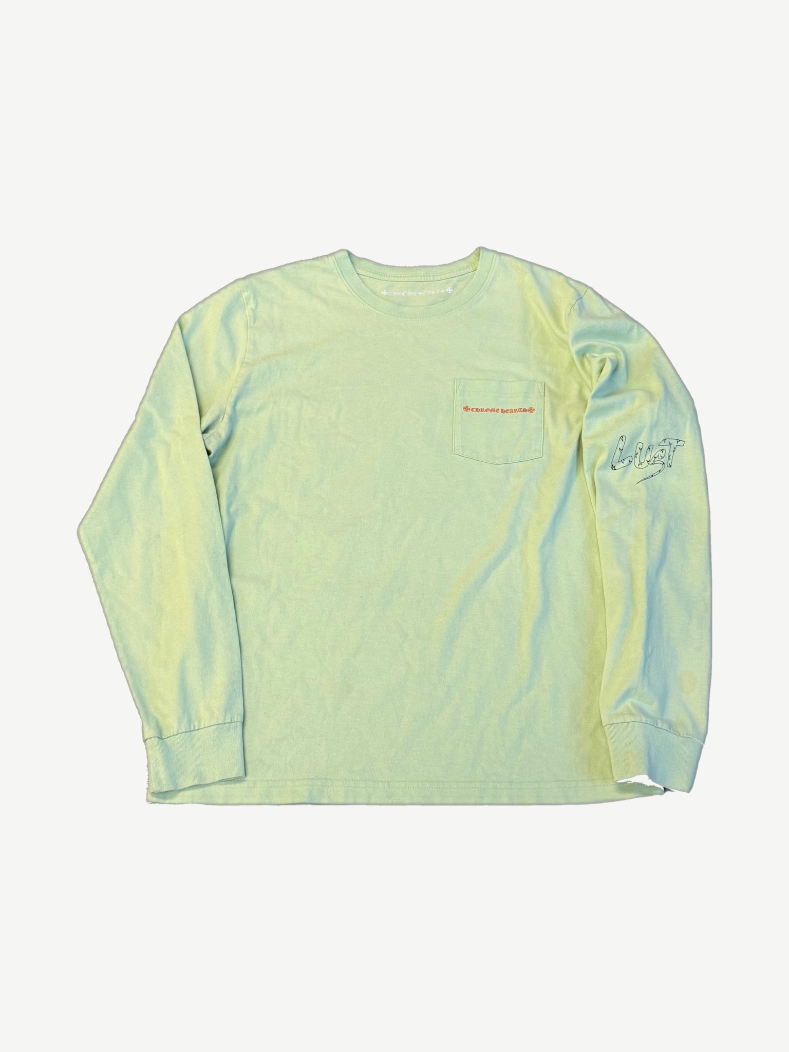Chrome Hearts Matty Boy seafoam green pocket longsleeve front with orange CH pocket logo