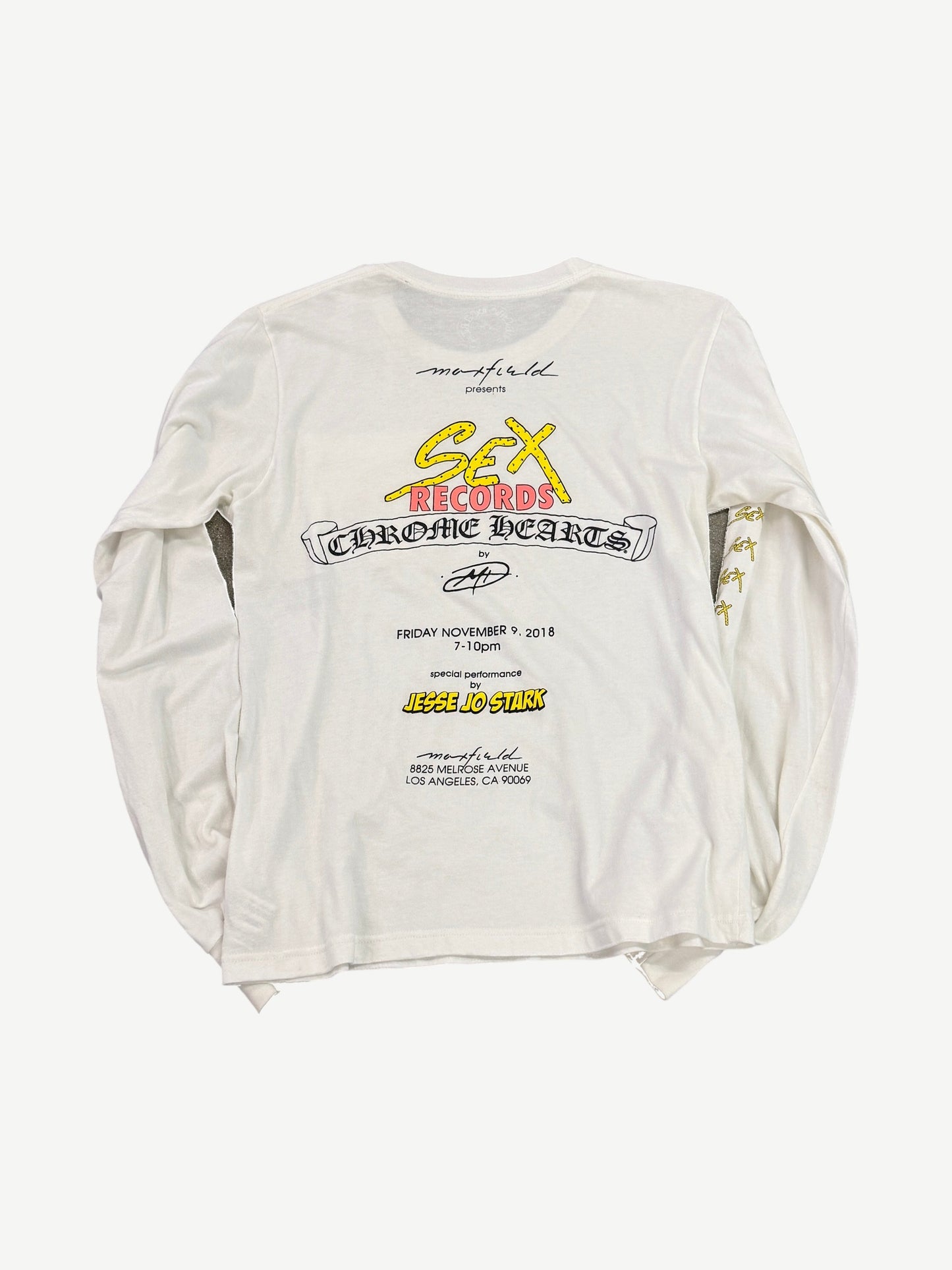 Chrome Hearts Maxfield Exclusive Sex Records longsleeve back with event date and venue text