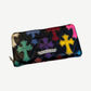 Chrome Hearts cross patch long wallet open view with double zip pockets and black leather interior.