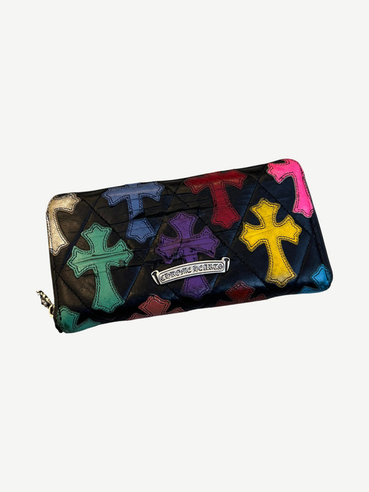 Chrome Hearts cross patch long wallet open view with double zip pockets and black leather interior.