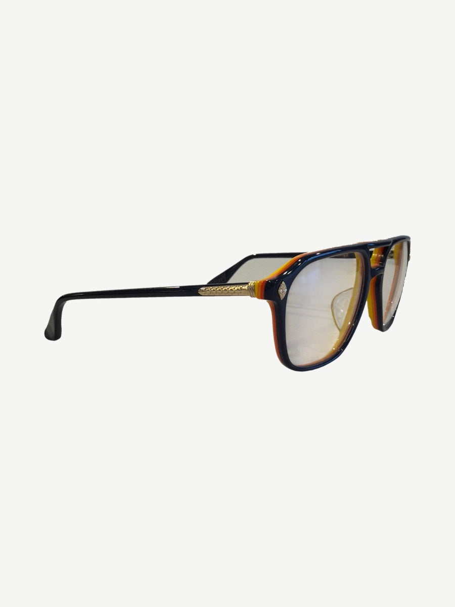 Chrome Hearts Zipher aviator glasses side view in navy acetate with orange inner rim and silver engraved temples