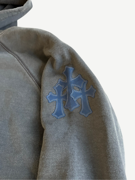 Chrome Hearts navy Paper Jam hoodie back view in faded charcoal with raw distressed seams and hood
