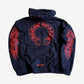 Chrome Hearts navy hoodie back with large red horseshoe logo and red floral cross prints down both sleeves