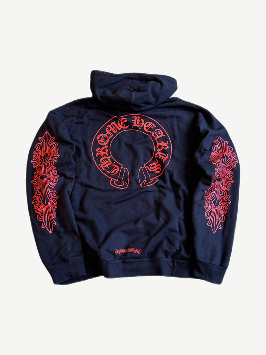 Chrome Hearts navy hoodie back with large red horseshoe logo and red floral cross prints down both sleeves