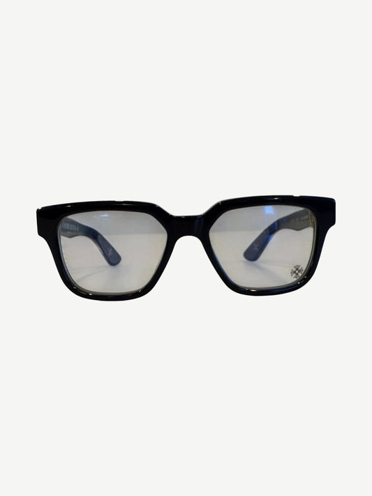Chrome Hearts Vagillionaire glasses front view with rectangular navy acetate frames and clear lenses