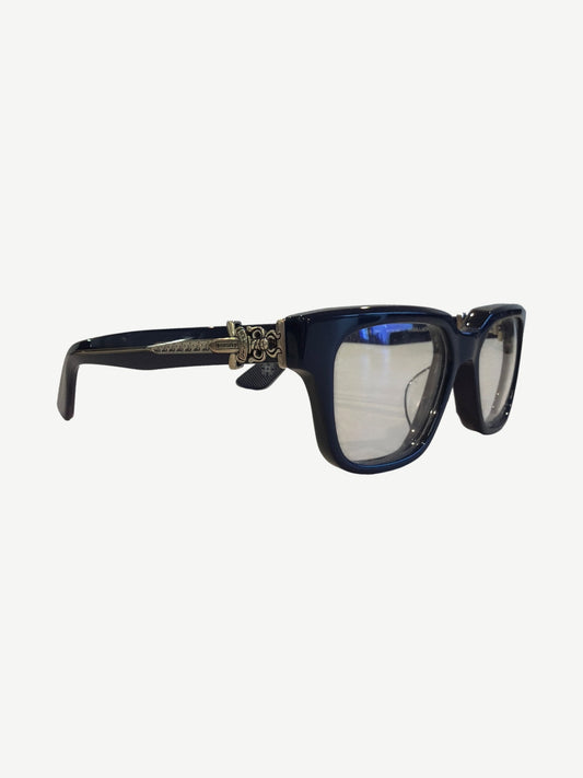 Chrome Hearts Vagillionaire glasses navy acetate frames angled side view showing silver cross temple hardware