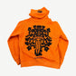 Chrome Hearts orange hoodie back with bold black vine wrapped dagger graphic and gothic logo scrolls