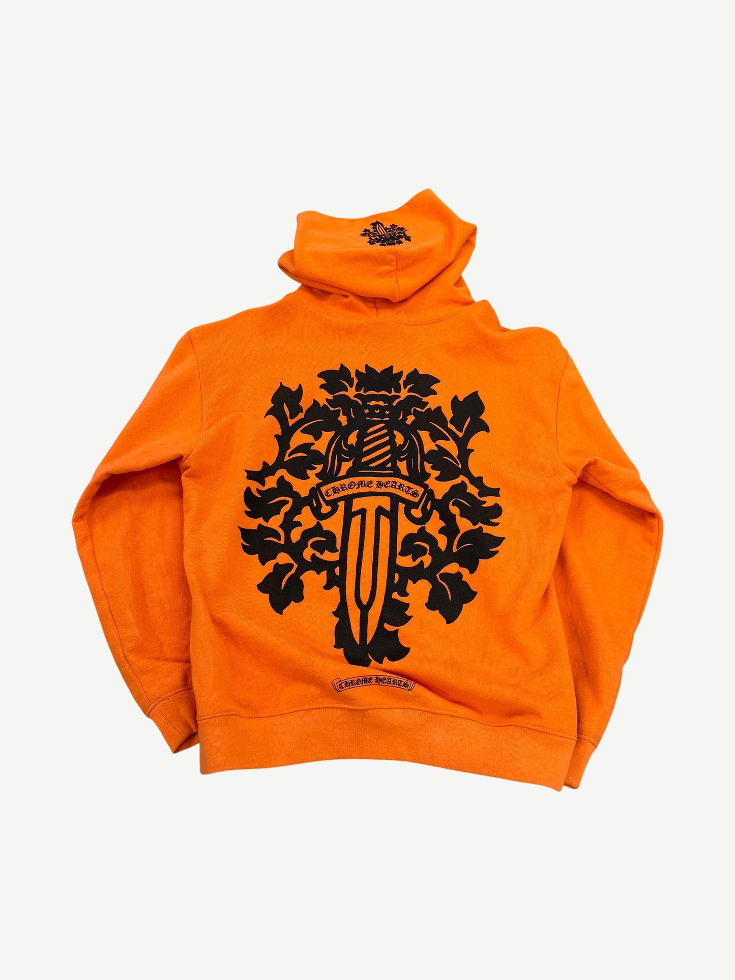 Chrome Hearts orange hoodie back with bold black vine wrapped dagger graphic and gothic logo scrolls