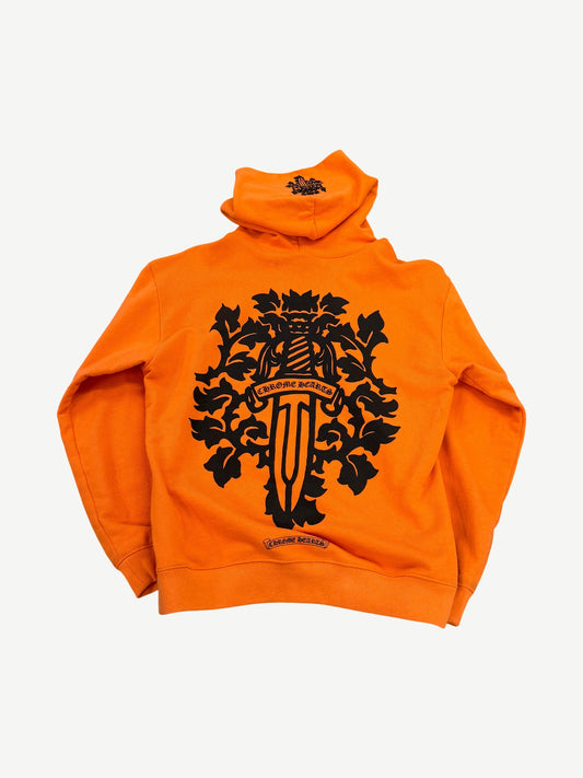 Chrome Hearts orange hoodie back with bold black vine wrapped dagger graphic and gothic logo scrolls