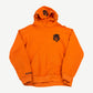 Chrome Hearts orange hoodie front with small black vine dagger chest graphic and U.S.A. embroidered cuff