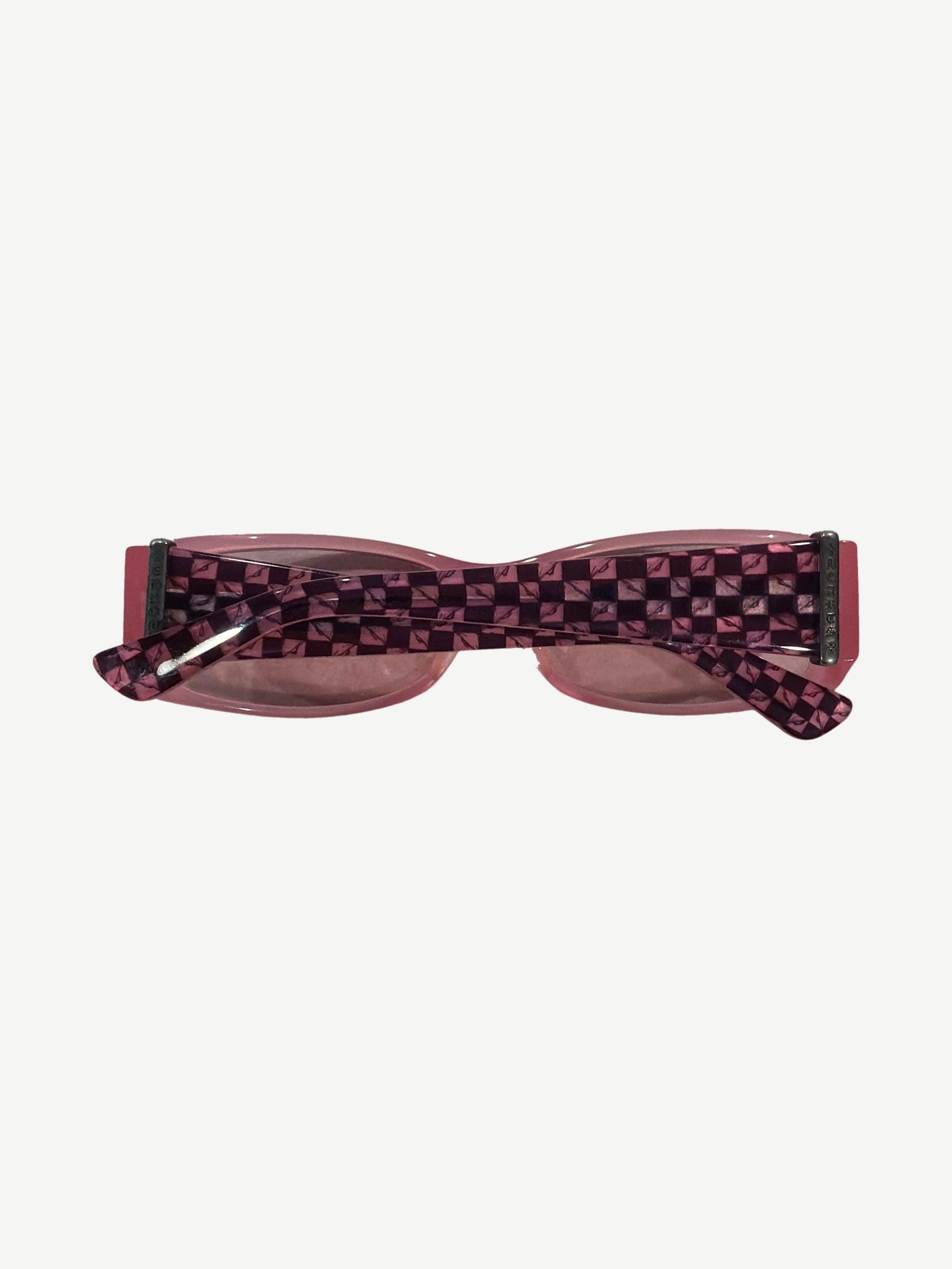 Chrome Hearts Matty Boy Ulein sunglasses top view showing pink and black checkerboard temple arms.