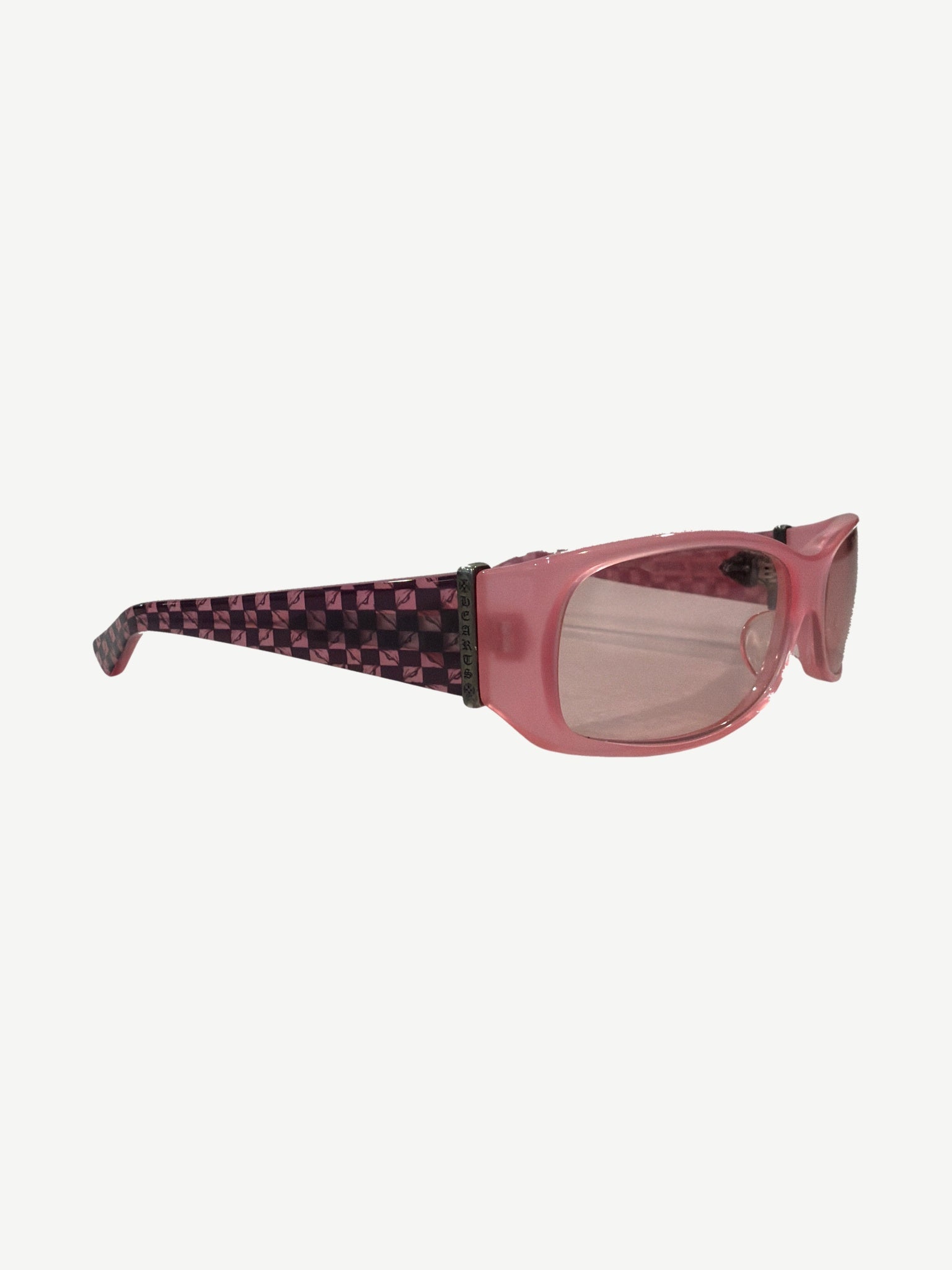 Chrome Hearts Matty Boy Ulein pink rectangular sunglasses with checkerboard arms and silver Hearts plaque.