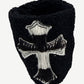Chrome Hearts black terry cloth wristband with applied pony hair cross patch and topstitched outline