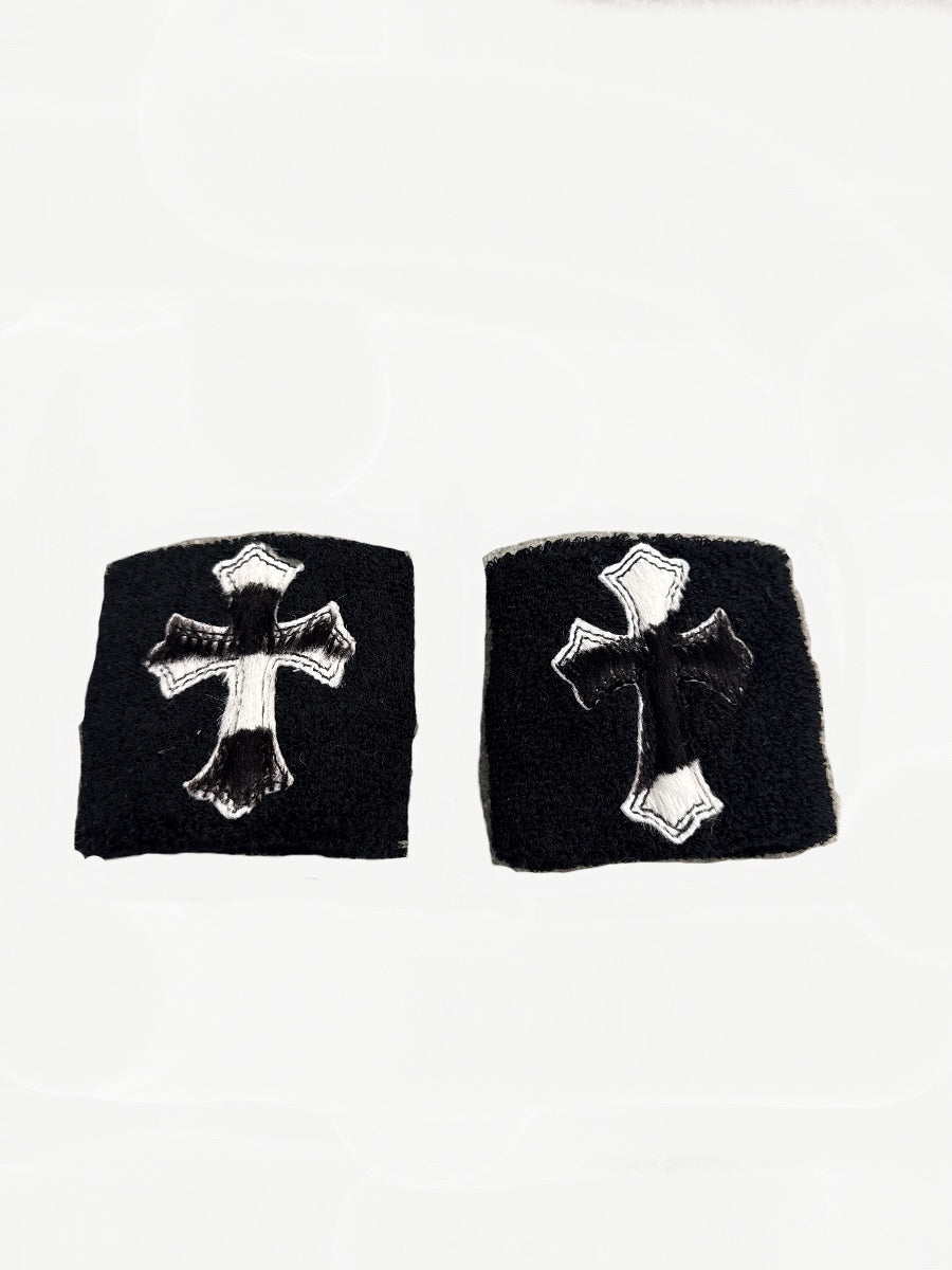 Chrome Hearts pair of black terry wrist sweatbands with white and black pony hair cross patches