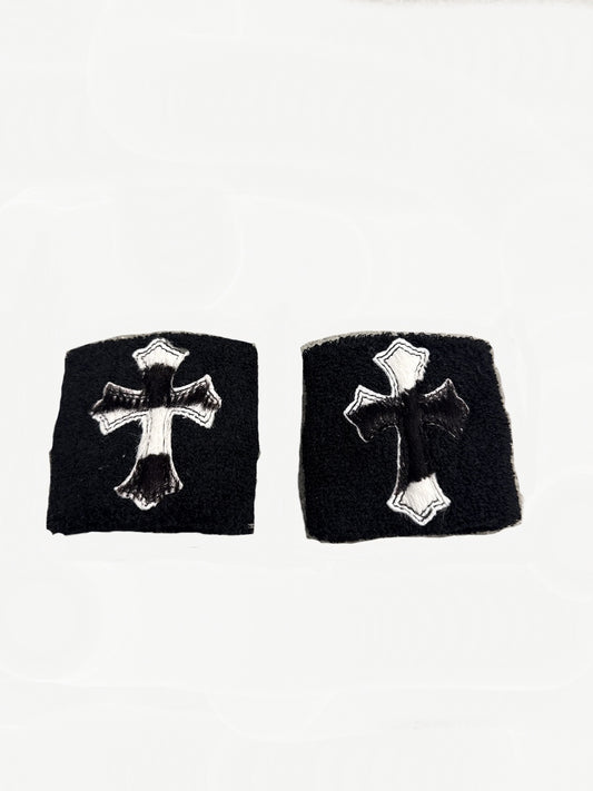 Chrome Hearts pair of black terry wrist sweatbands with white and black pony hair cross patches