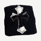 Chrome Hearts black terry sweatband single view with stitched pony hair cross patch and gothic outline