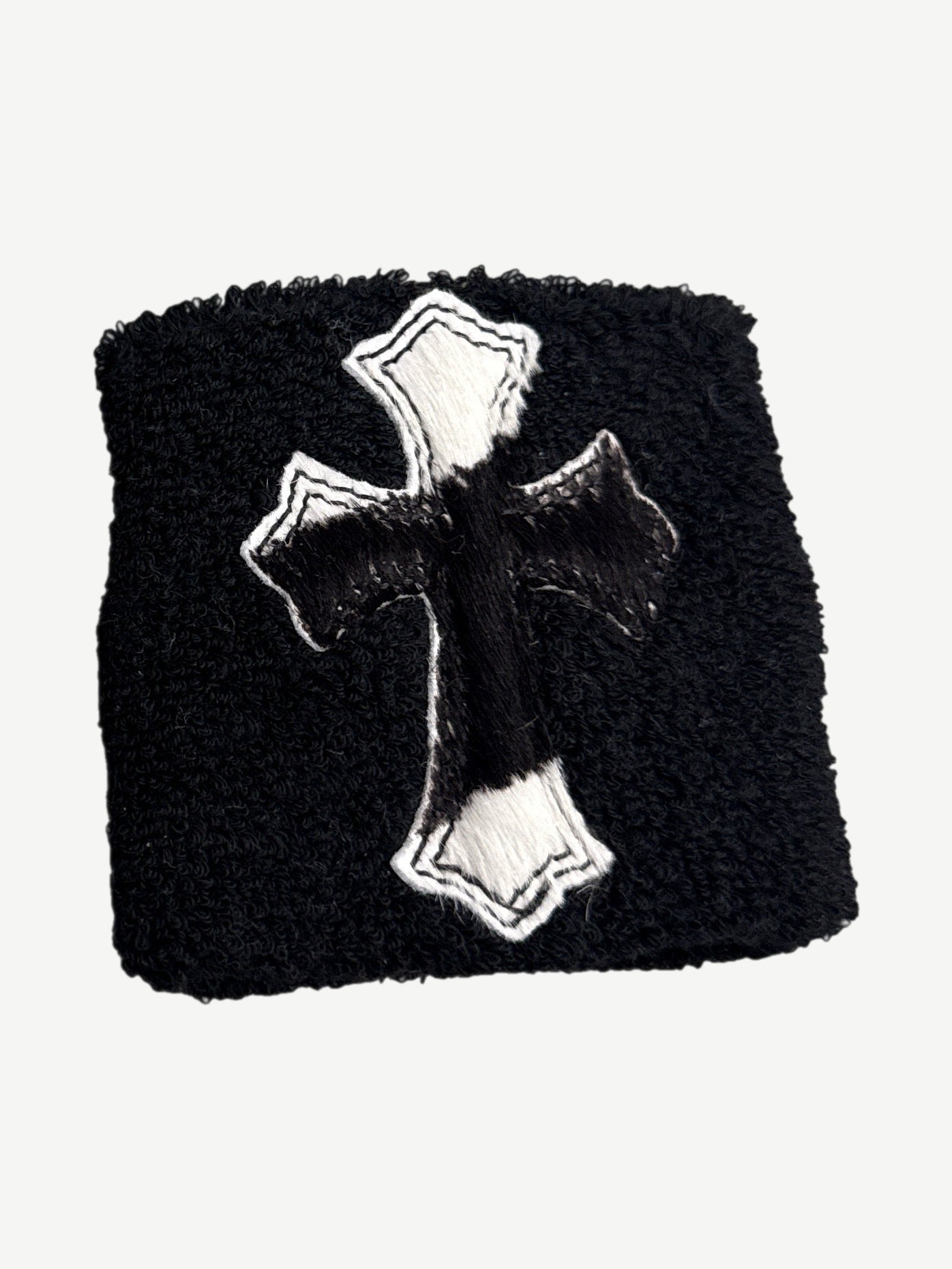 Chrome Hearts black terry sweatband single view with stitched pony hair cross patch and gothic outline