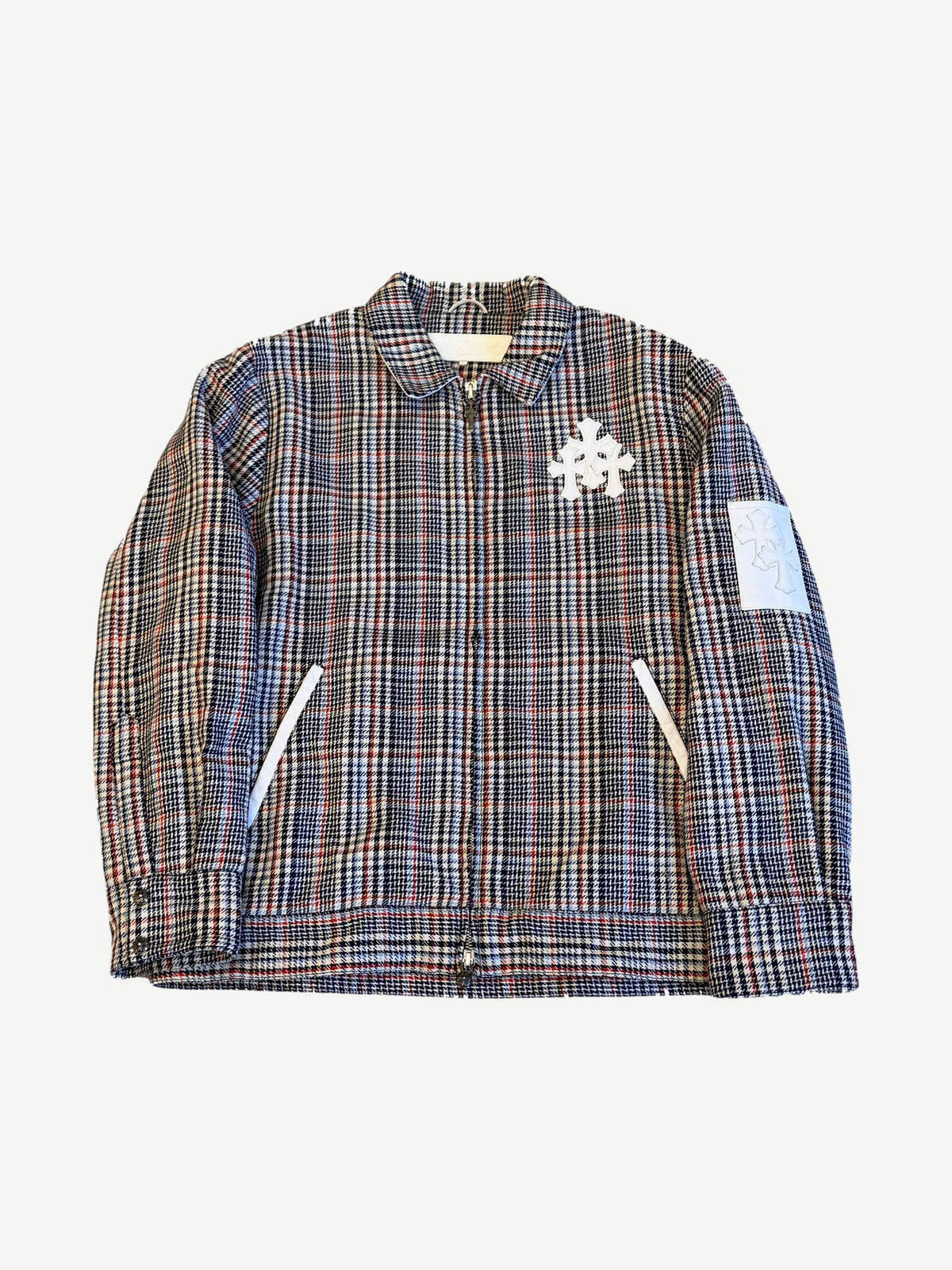 Chrome Hearts Quilted Plaid White Leather Triple Cross Patch Jacket