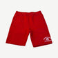 Chrome Hearts red Hollywood triple cross sweat shorts with white embroidered Hollywood cross logo on leg.