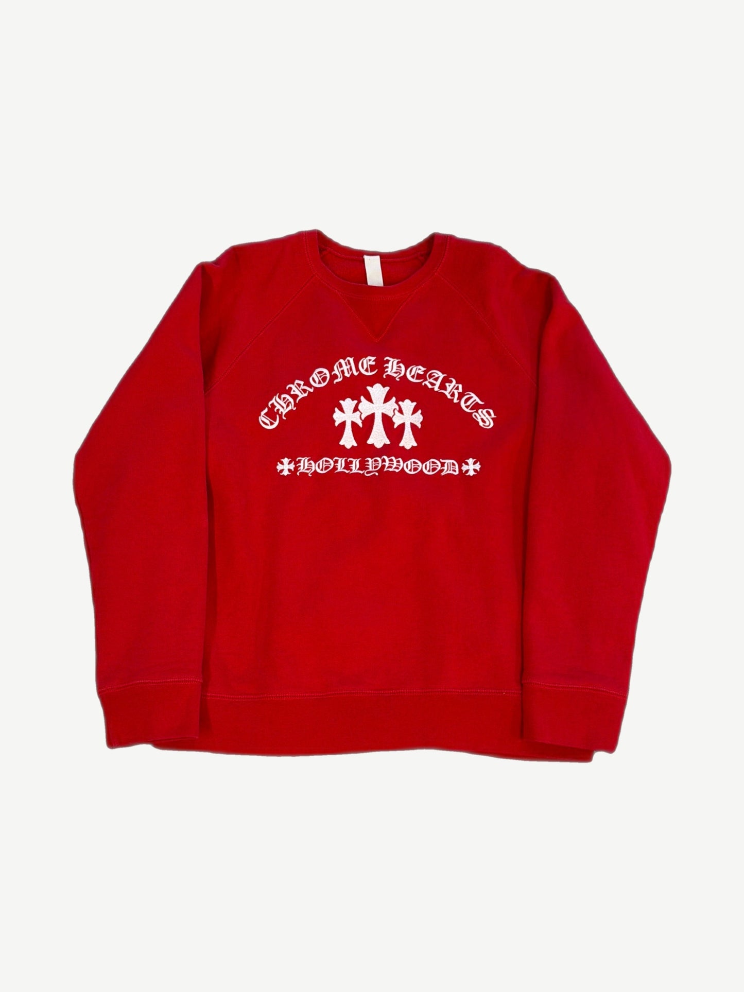 Chrome Hearts Red King Taco crewneck in red with white triple cross logo print and oversized boxy fit