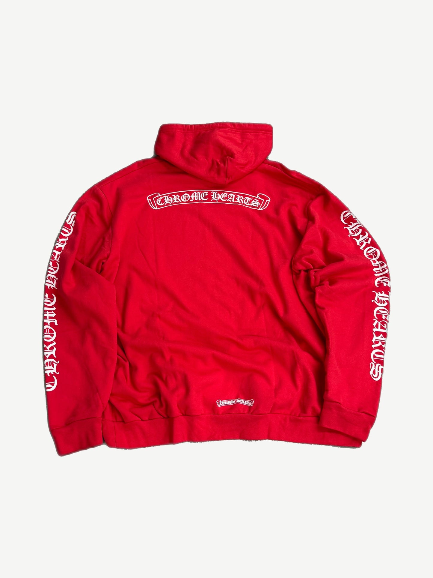 Chrome Hearts hoodie back view with large red scroll banner gothic logo print across upper back
