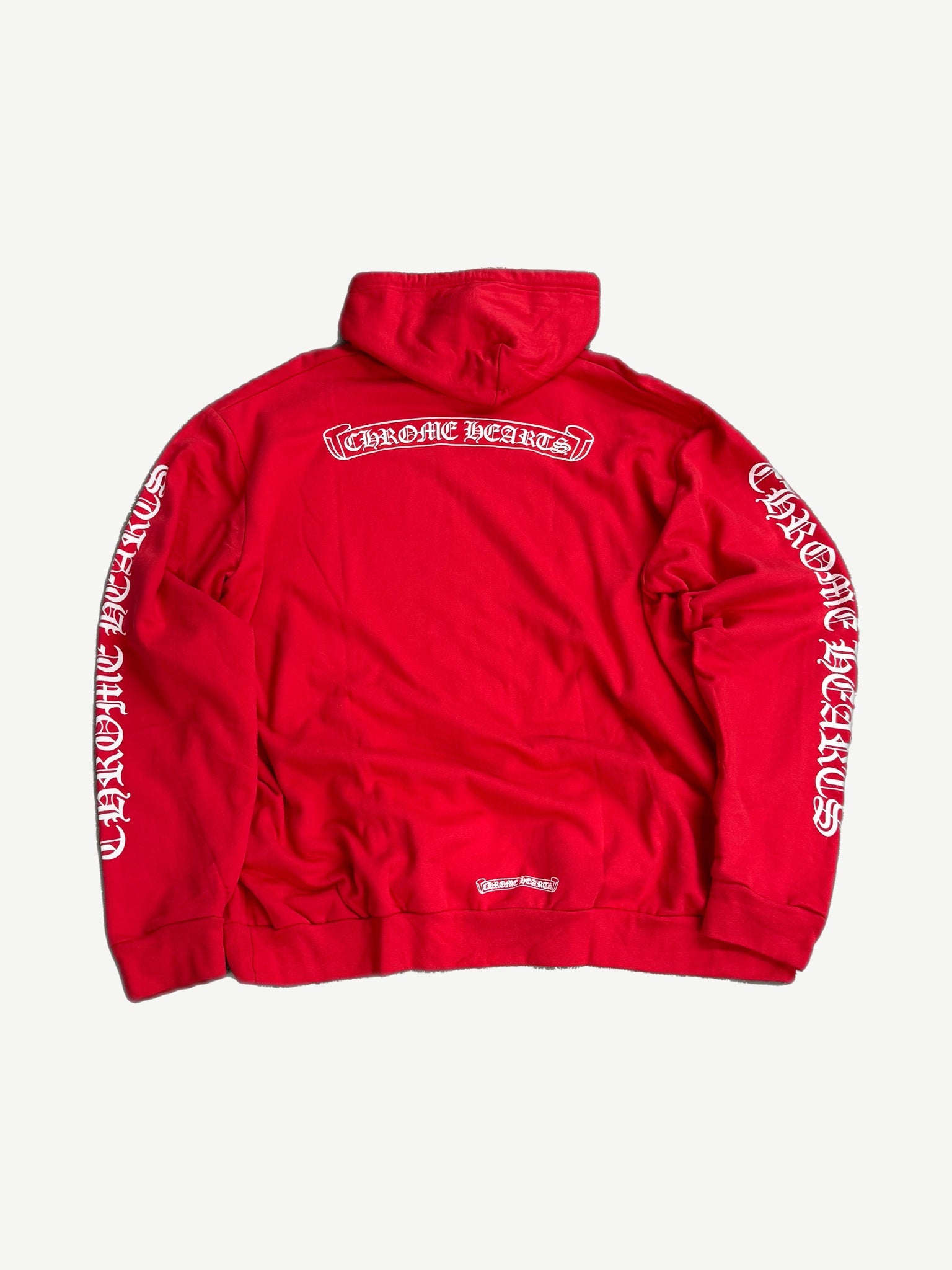Chrome Hearts hoodie back view with large red scroll banner gothic logo print across upper back