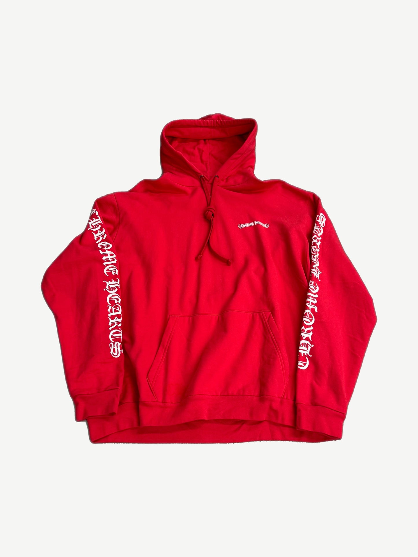 Chrome Hearts red scroll logo hoodie front view in black cotton fleece with kangaroo pocket and drawstring hood