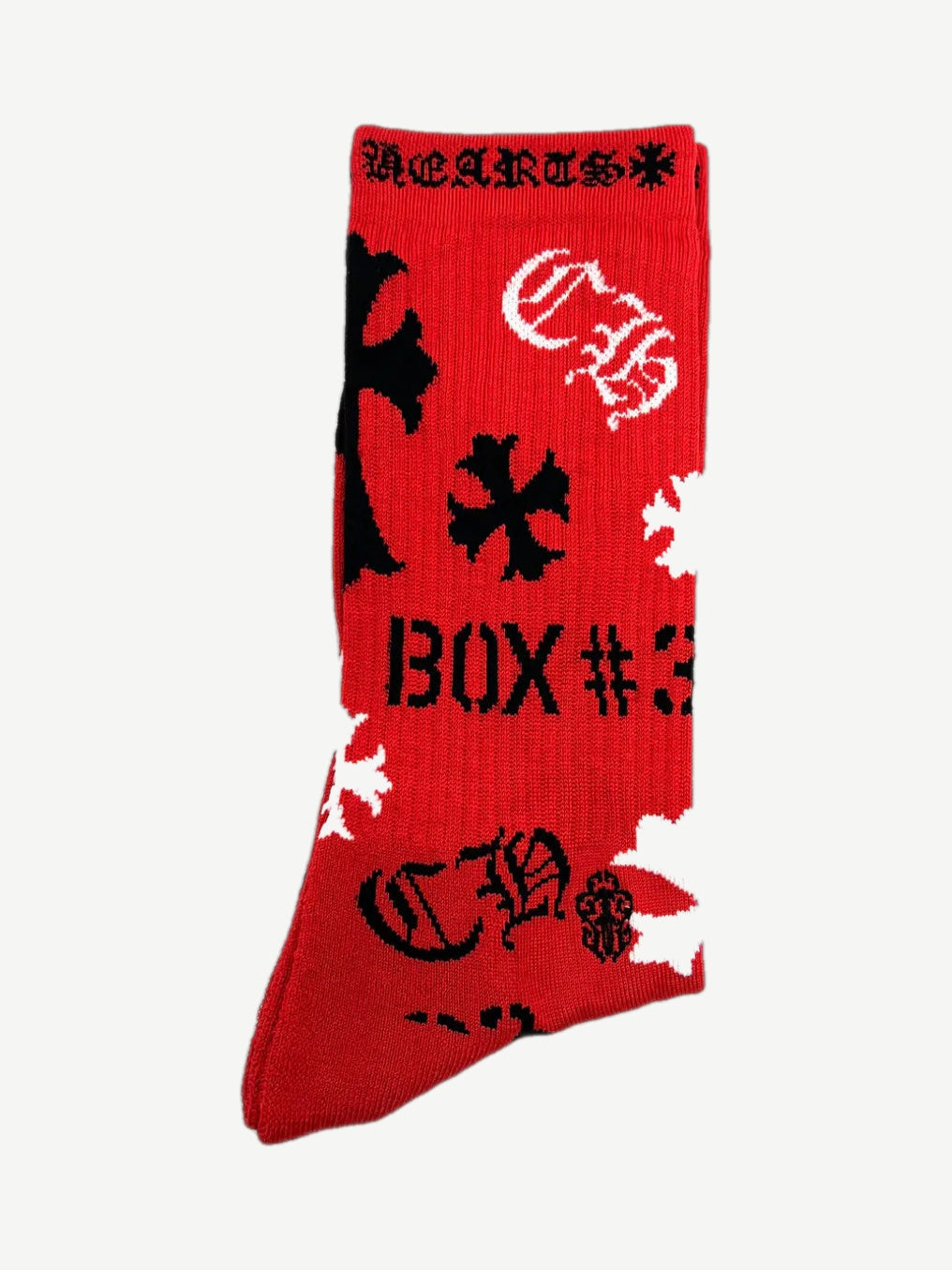 Chrome Hearts red crew socks with black stencil crosses, CH gothic logos and BOX #3 text knitted in white and black.