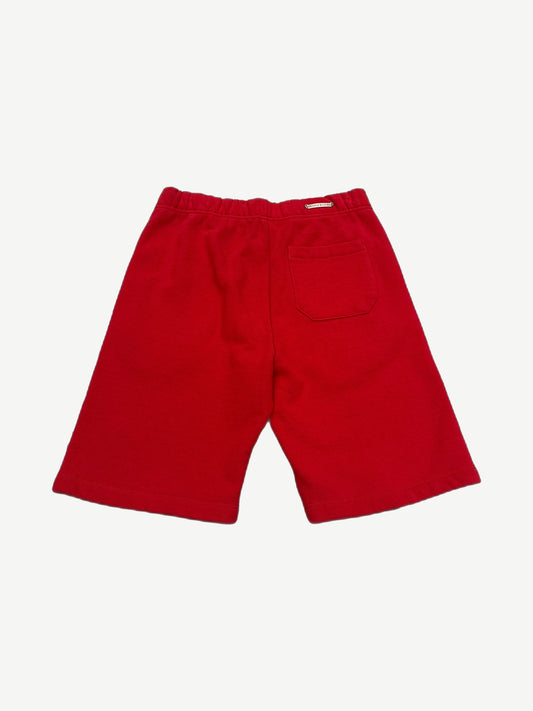 Chrome Hearts red sweat shorts back view with white embroidered Old English Chrome Hearts logo on rear yoke.