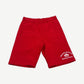 Chrome Hearts red sweat shorts with white embroidered cemetery cross on the left leg and elastic drawcord waist.