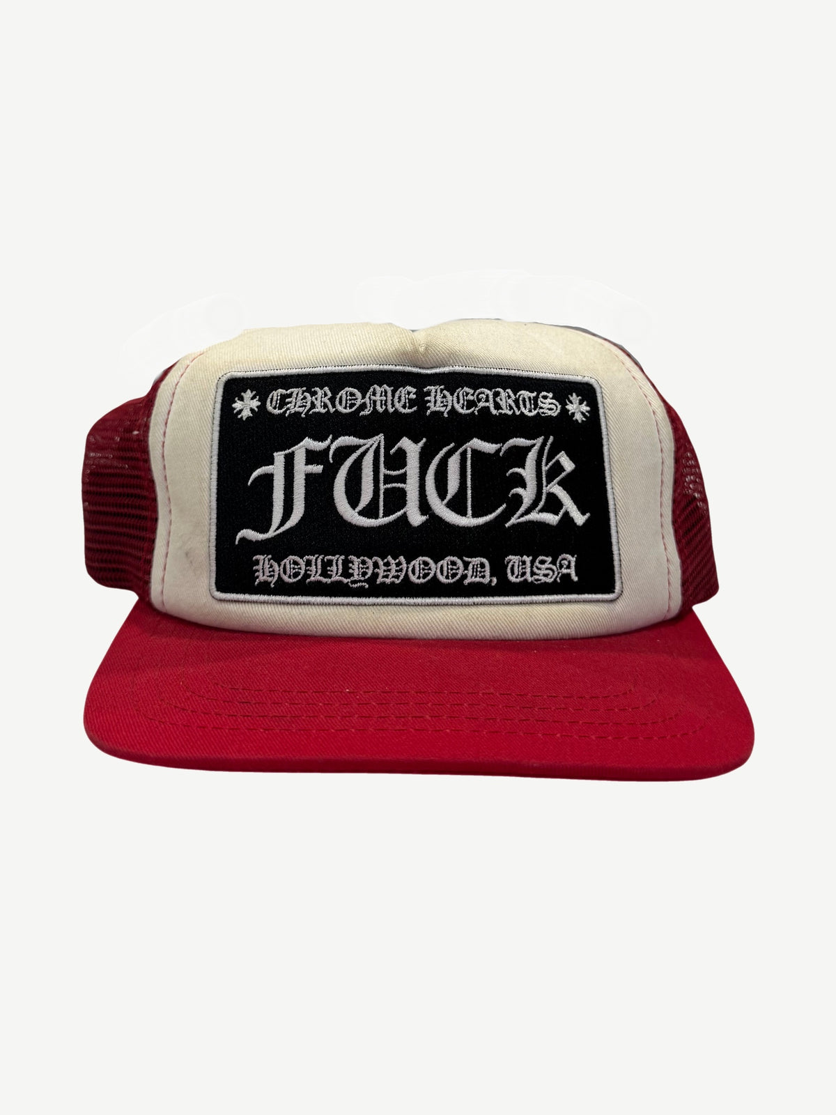 Chrome Hearts Red White Fuck Hollywood Trucker Hat