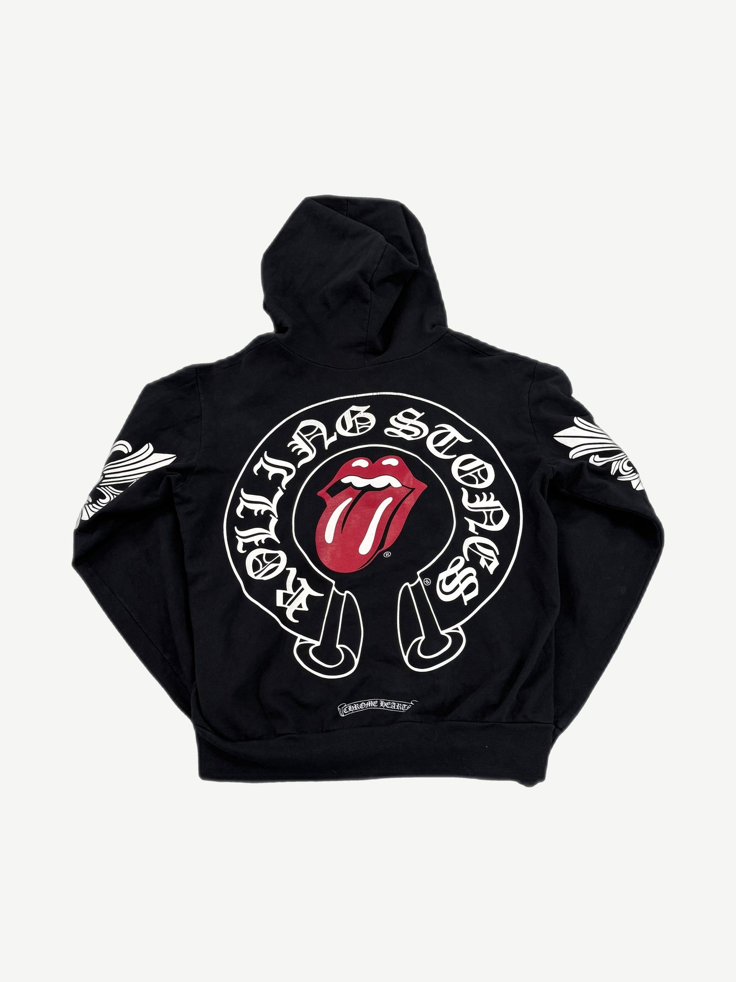 Chrome Hearts Rolling Stones zipup back view with horseshoe and tongue logo plus Old English brand script