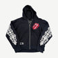 Chrome Hearts Rolling Stones black floral horseshoe zip up hoodie with red tongue logo and CH cross sleeves