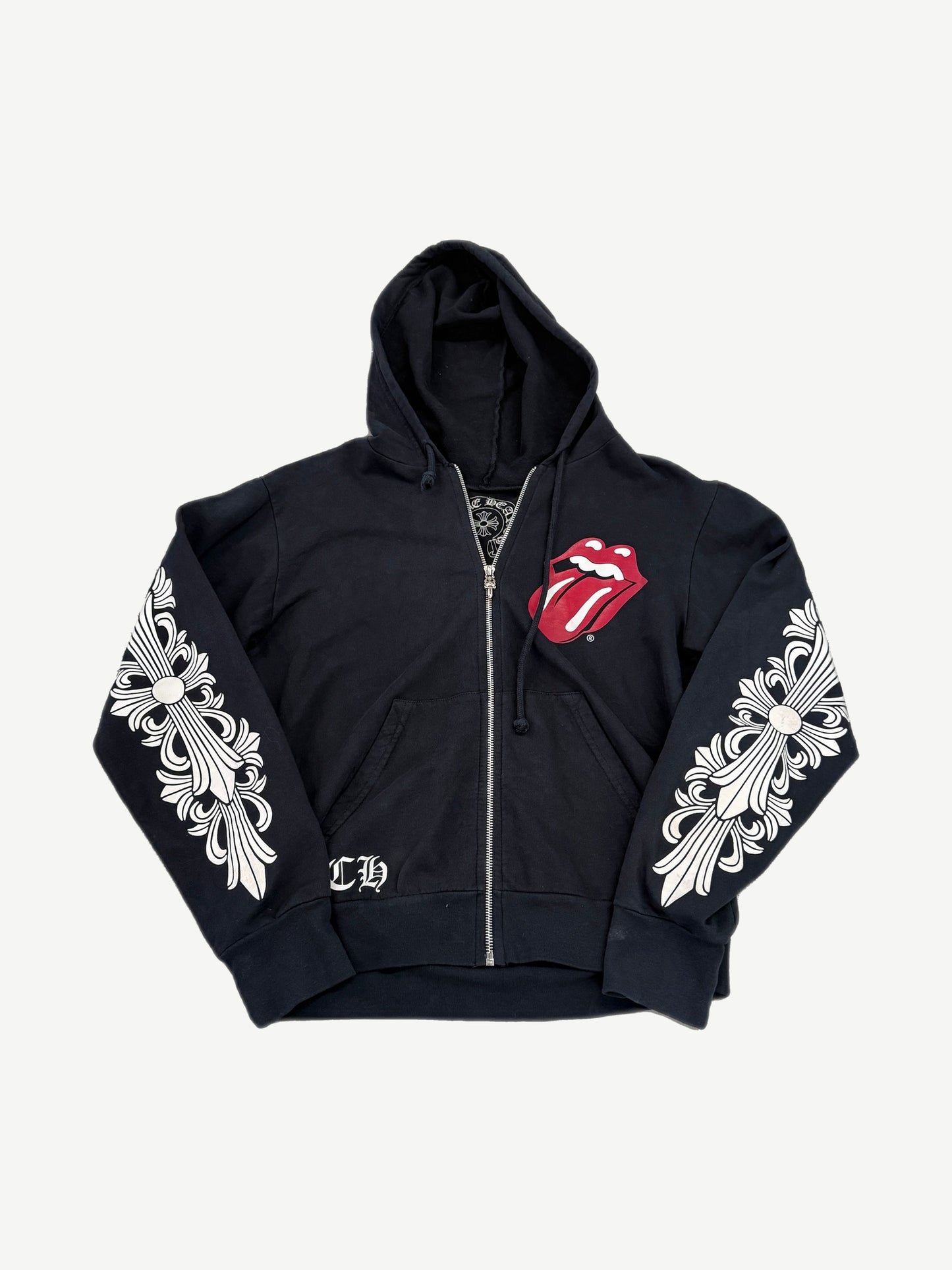 Chrome Hearts Rolling Stones black floral horseshoe zip up hoodie with red tongue logo and CH cross sleeves