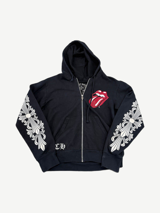 Chrome Hearts Rolling Stones black floral horseshoe zip up hoodie with red tongue logo and CH cross sleeves