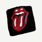 Chrome Hearts black terry wristband with applied red and white Rolling Stones tongue logo leather patch
