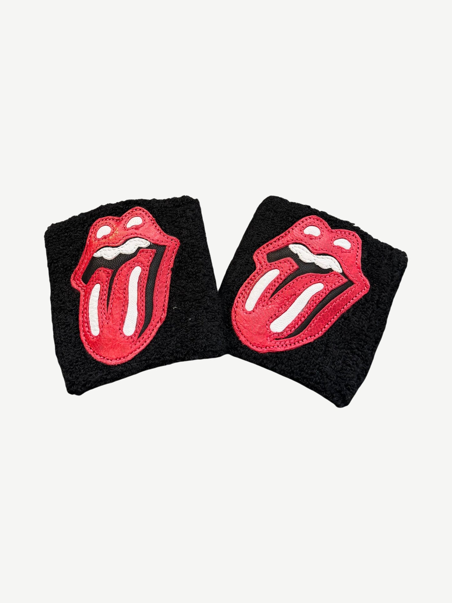 Chrome Hearts Rolling Stones sweatbands set in black terry cloth with red tongue and lips leather patches.