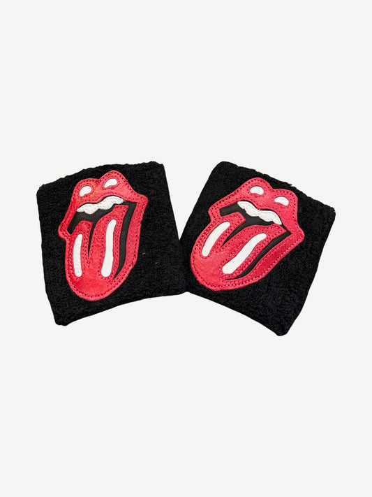 Chrome Hearts Rolling Stones sweatbands set in black terry cloth with red tongue and lips leather patches.