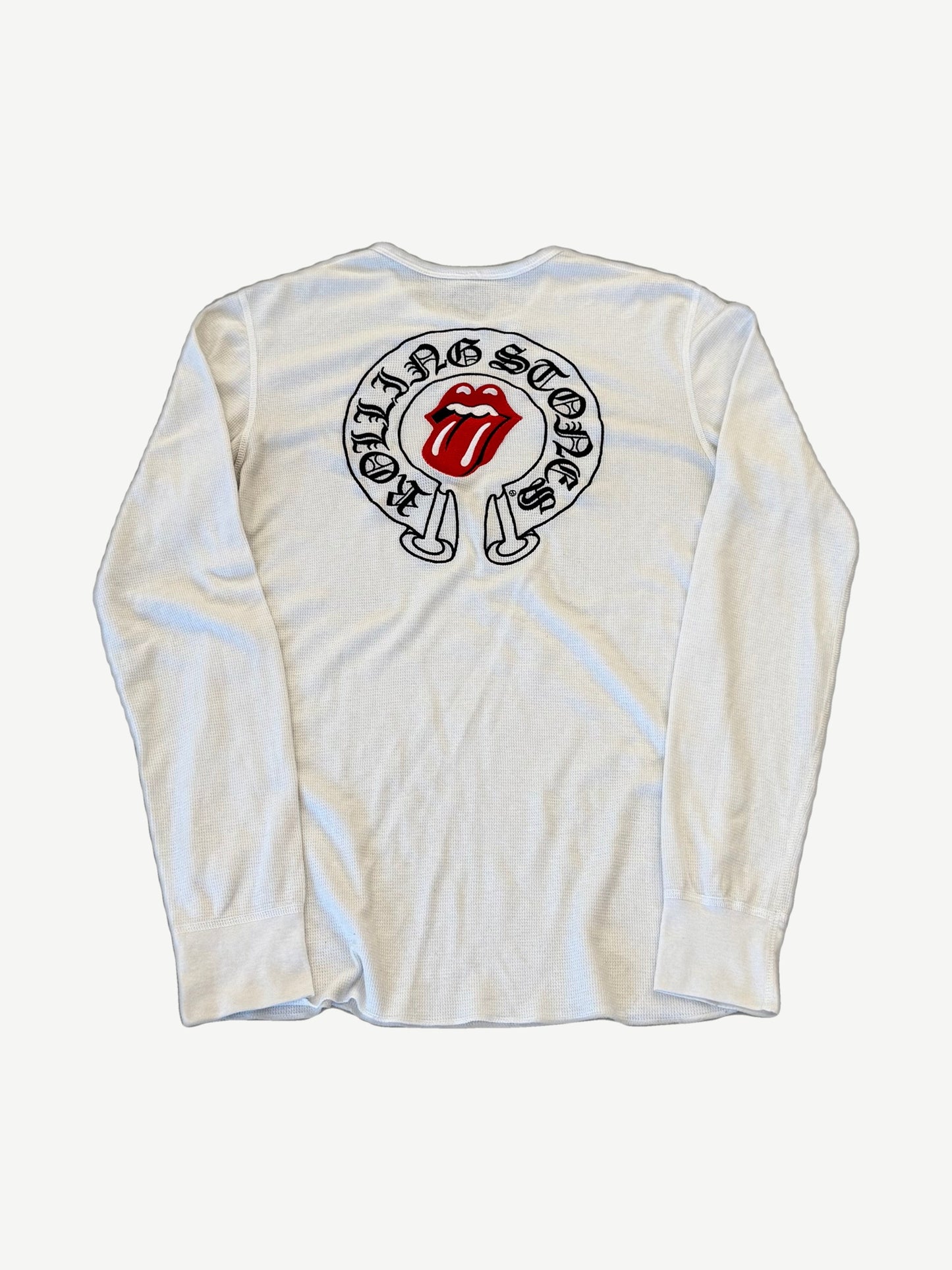 Chrome Hearts Rolling Stones thermal back with black Old English horseshoe logo around red tongue lips graphic